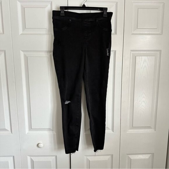 Spanx Jeans Womens Large Black Distressed Skinny High Rise Stretch Denim Pants - Picture 1 of 9